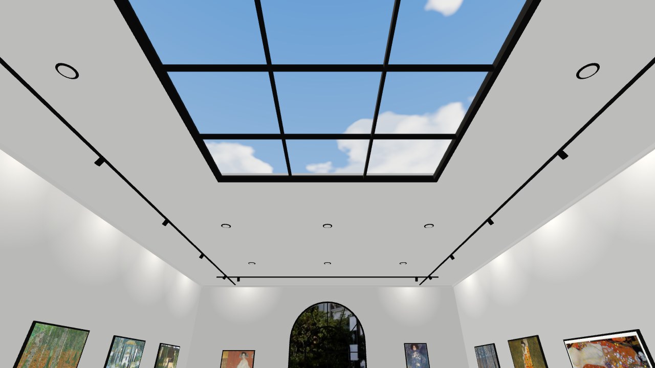 klimt_gallery_a_01_skylight 아트 갤러리 VR전시 천장 천창 위로 구름이 지나가는 WebGL 실시간 애니메이션 장면